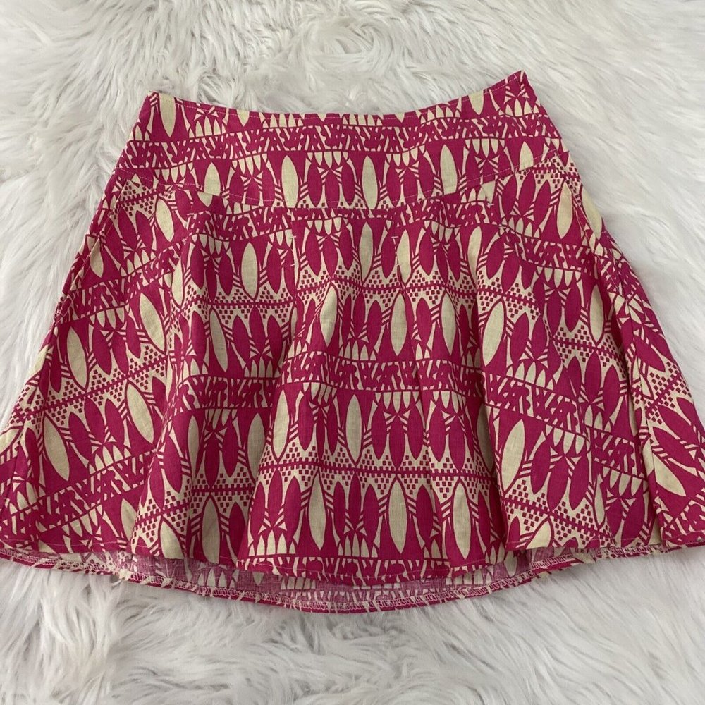 HM womens 100% linen geo pattern pink flare skirt size 8 side zip